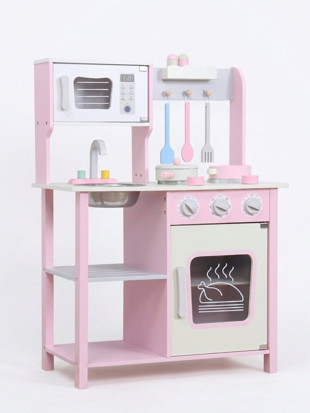 Kids Wooden Play Kitchen Set, Pink Pretend Cooking Toy with Accessories - Picture 4 of 16